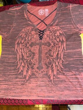 Affliction Women's Lace-Up Wing Graphic Tee in Coral and Black, Size XL
